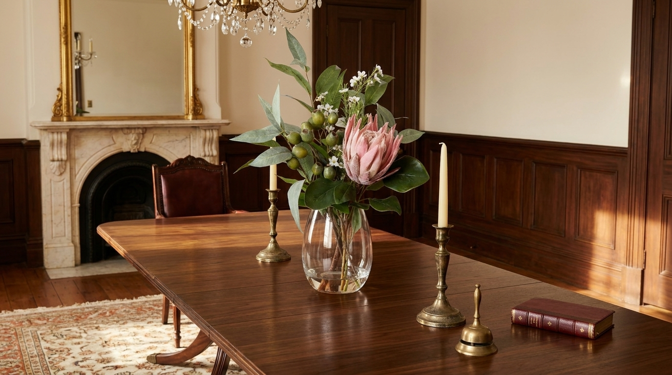 Faux king protea native arrangement as a dining centrepiece