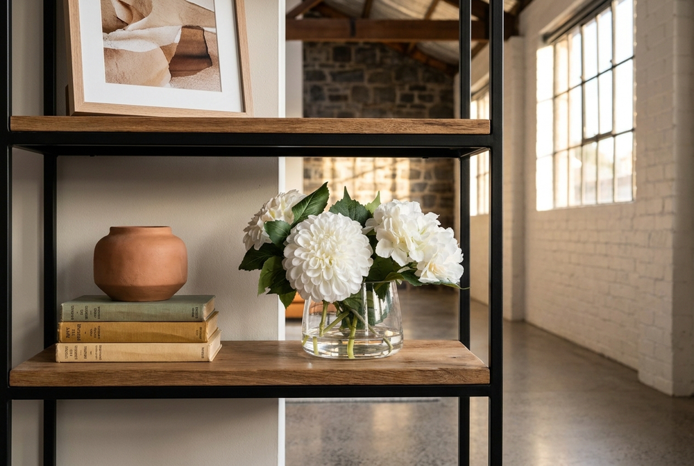 Faux chrysanthemum and hydrangea styled on a Fitzroy loft bookshelf