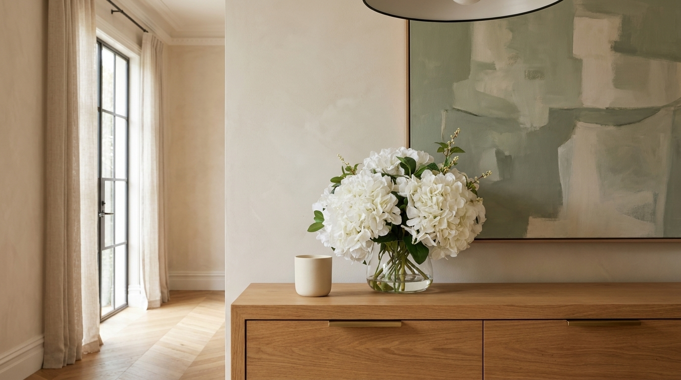 Faux hydrangea and nite berry in glass bowl on entry console — Faux and Fabulous