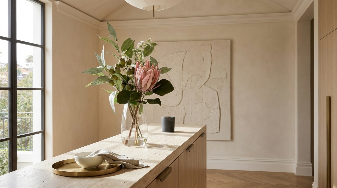 Faux protea native arrangement styled in Paddington terrace entry console — Faux and Fabulous