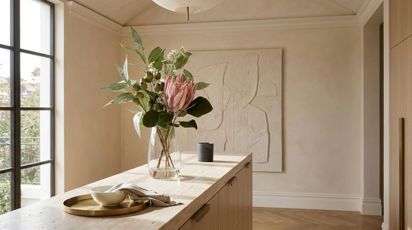 Faux protea native arrangement styled in Paddington terrace entry console — Faux and Fabulous