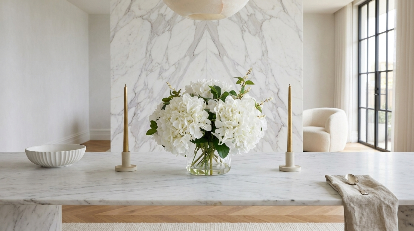 Faux hydrangea as dining centrepiece on Calacatta marble table — Faux and Fabulous