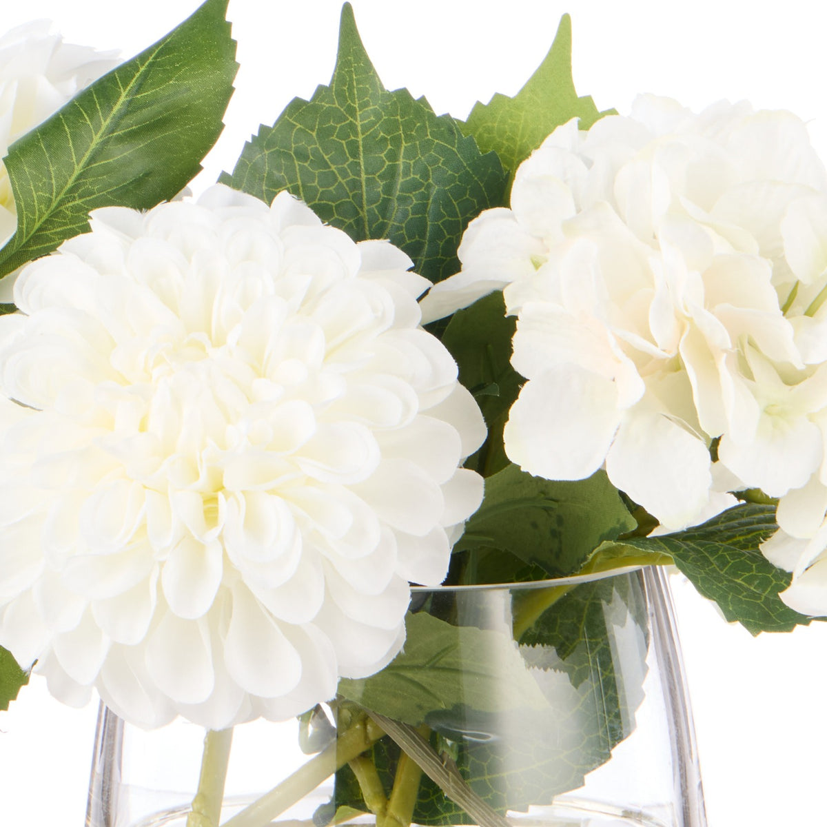 White chrysanthemum and hydrangea in the clear Classic glass bowl, water line visible