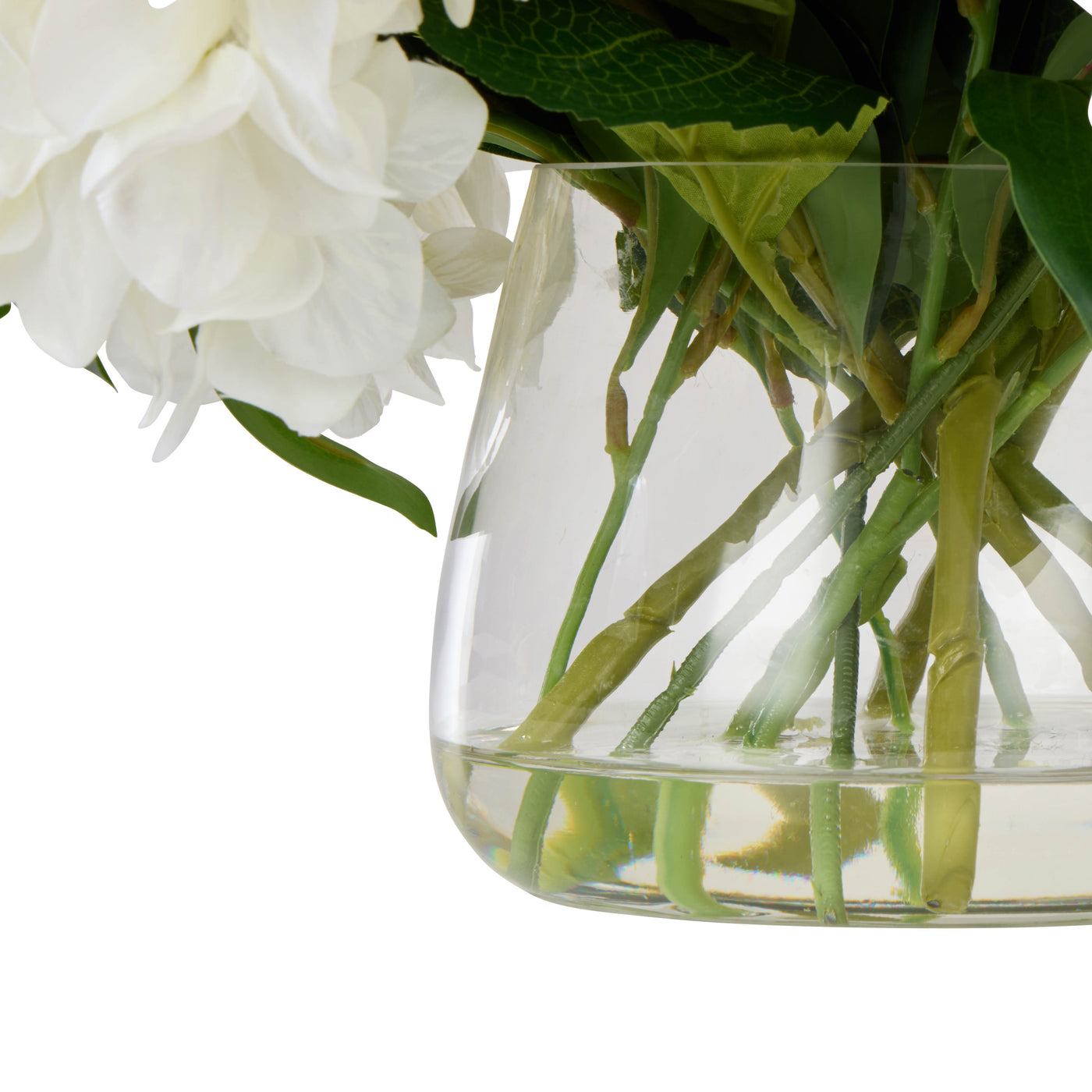 Clear glass Classic Bowl base with faux-water detail and hydrangea stems
