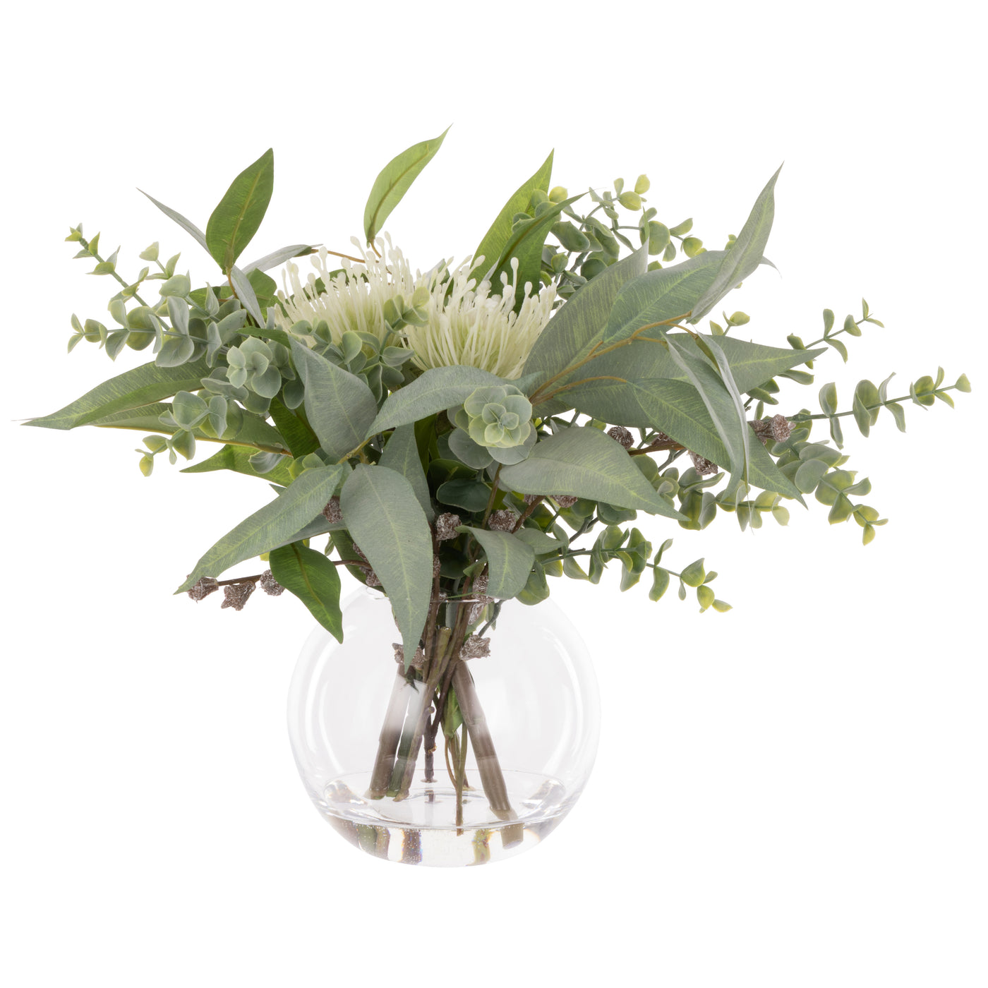 Cream pincushion mix with eucalyptus and berries in Phoebe soft green glass vase