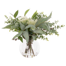 Cream pincushion mix with eucalyptus and berries in Phoebe soft green glass vase