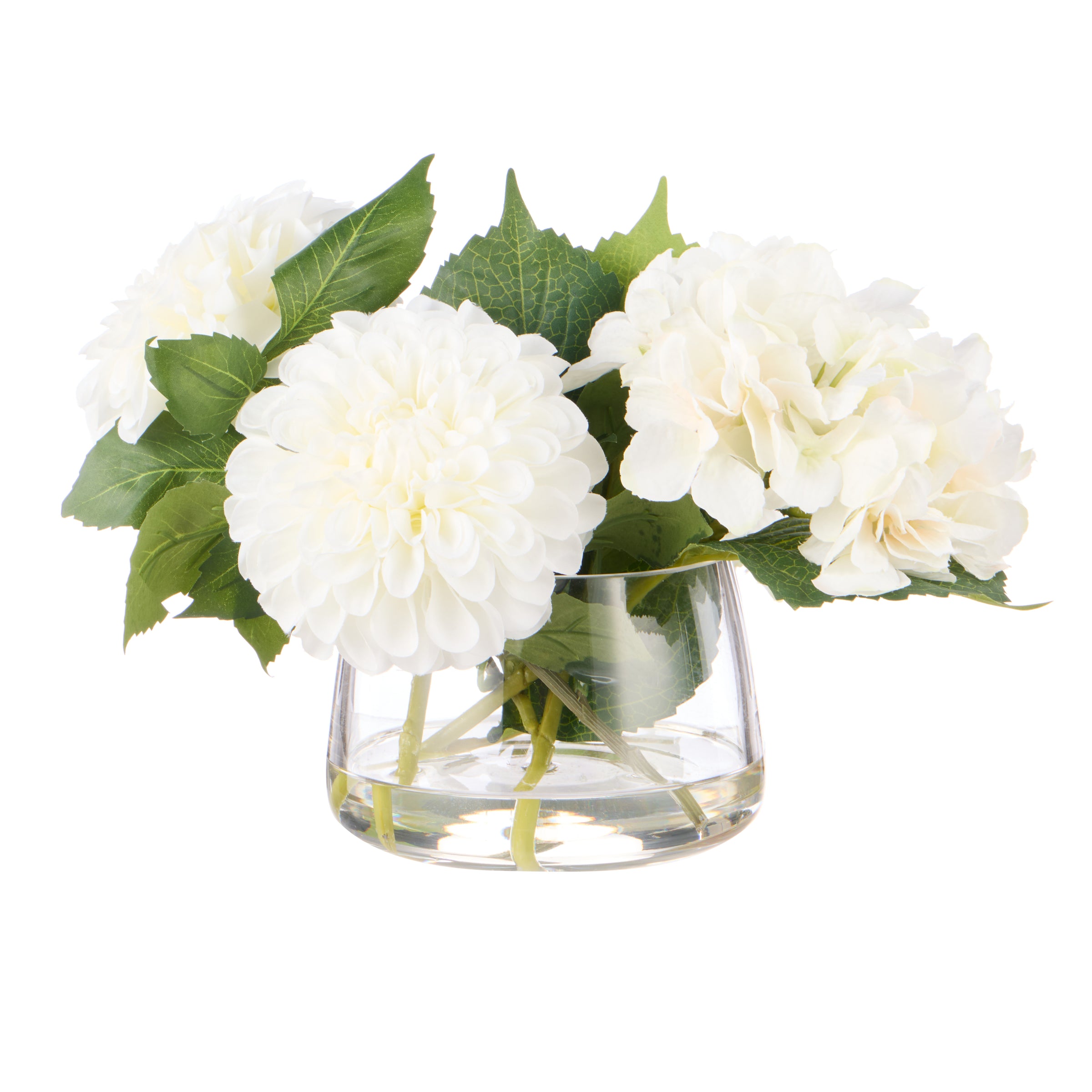 Faux white chrysanthemum and hydrangea arrangement in clear glass Classic Bowl