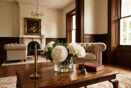 White chrysanthemum and hydrangea arrangement in a Classic bowl on a coffee table in a Toorak Victorian home.