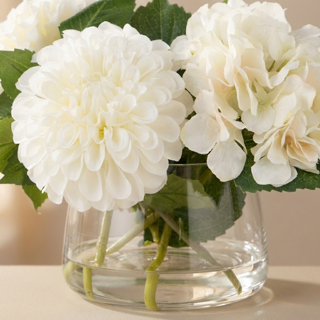 Close-up of the pom-pom chrysanthemum heads and soft hydrangea cloud in the Classic bowl.