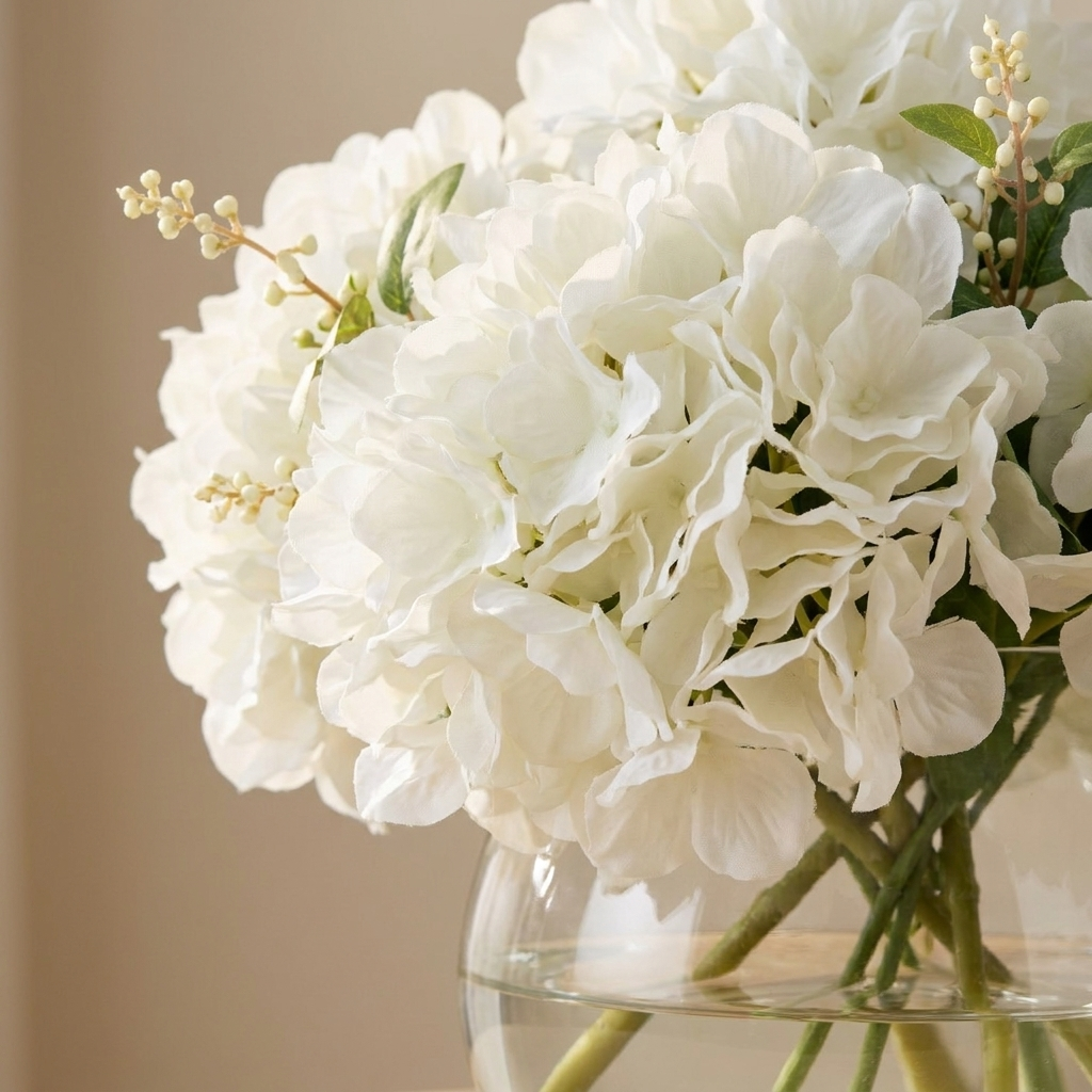 Close-up detail of the white hydrangea blooms and dark nite-berries in the Classic glass bowl.