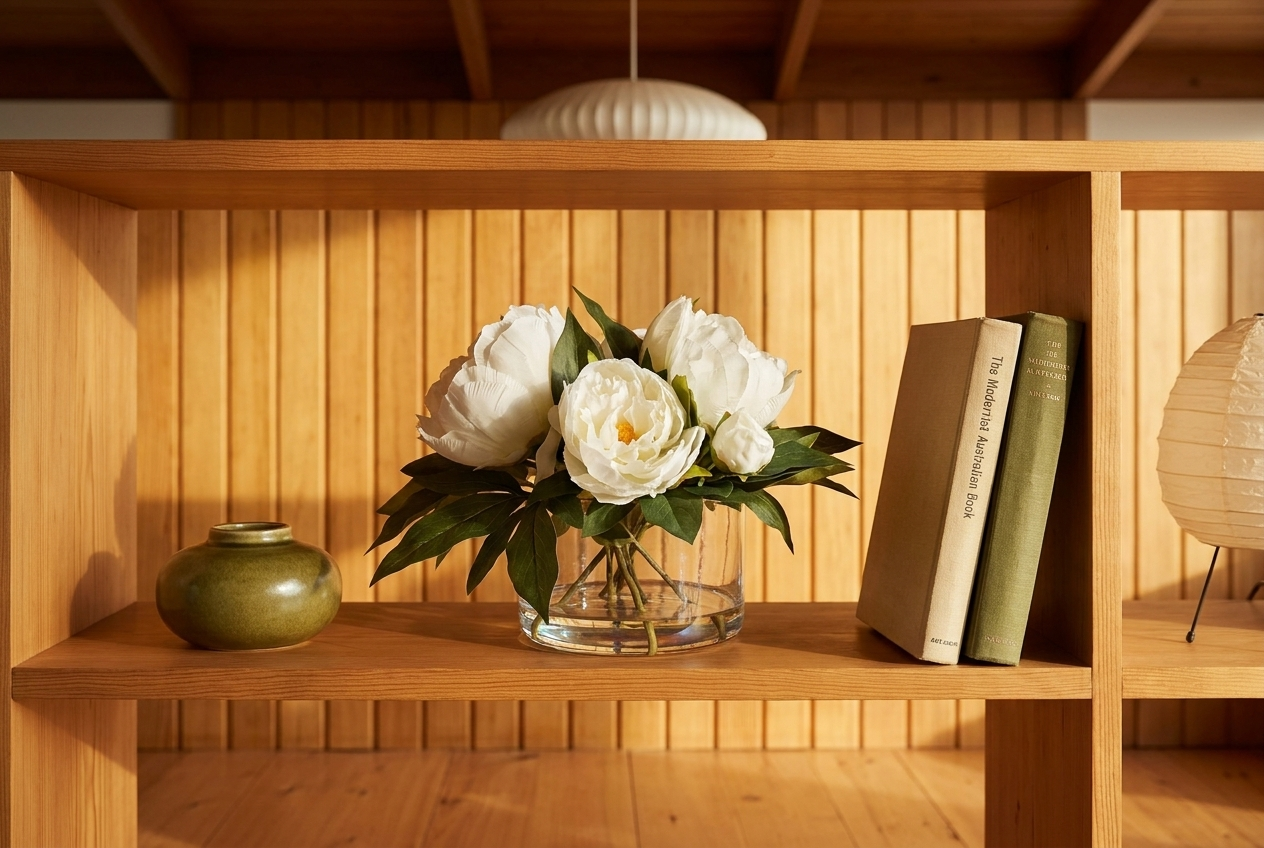 Cream peony arrangement styled on a cypress timber bookshelf in a mid-century Brighton home.