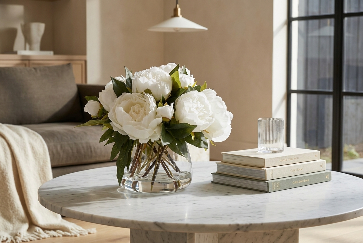 Ruffled white peony bouquet in a Classic glass bowl, set on a styled coffee table in a Toorak home.