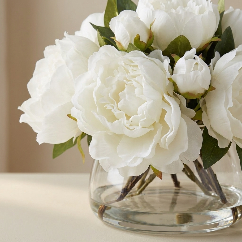 Close-up of the ruffled white peony petals and water meniscus in the Classic glass bowl.