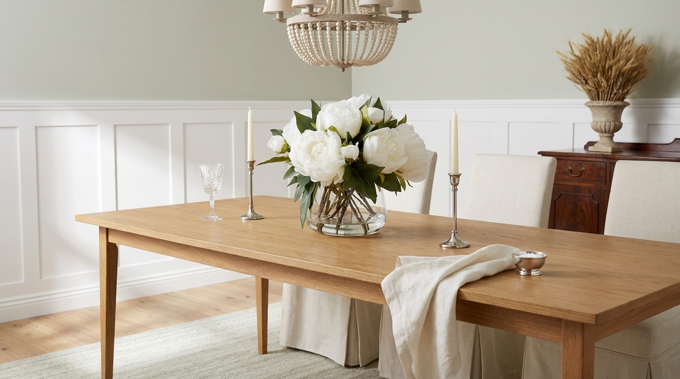White peony arrangement as a soft dining centrepiece in a Hamptons-style Vaucluse home.