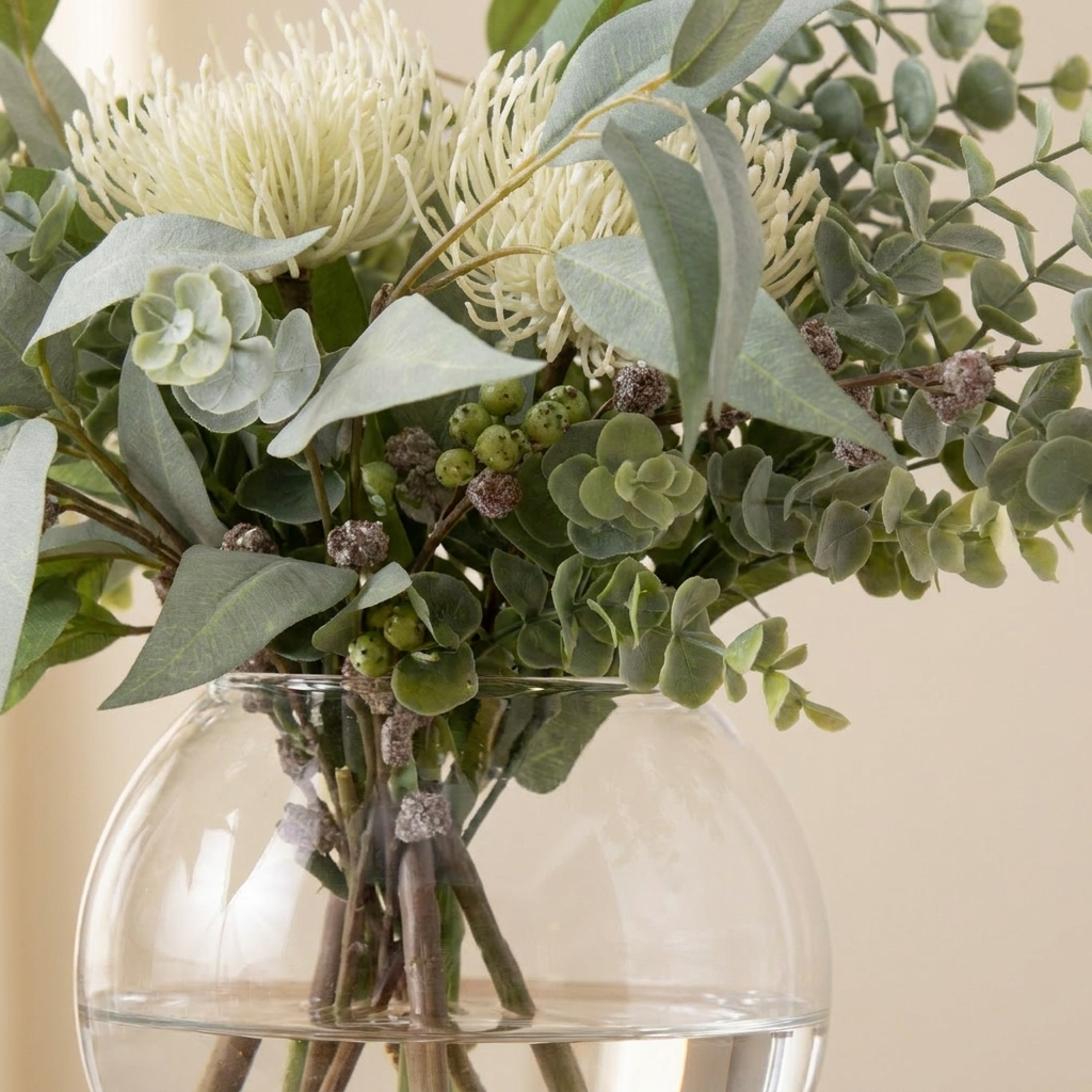 Close-up of the cream pincushion bloom, baby blue gum leaves and native berries in the Phoebe vase.