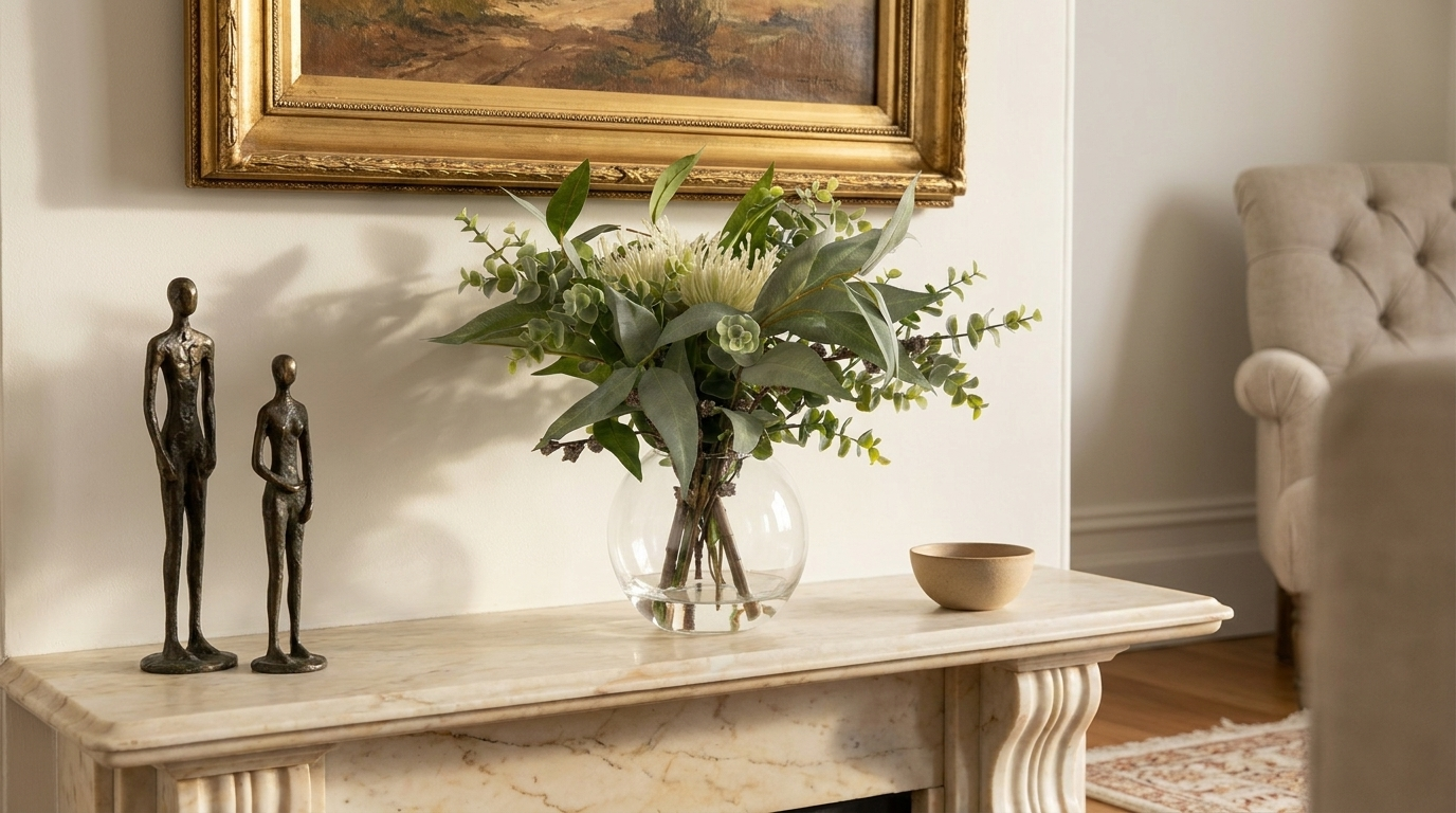 Soft green pincushion native arrangement styled on a period marble mantel in a Paddington terrace.