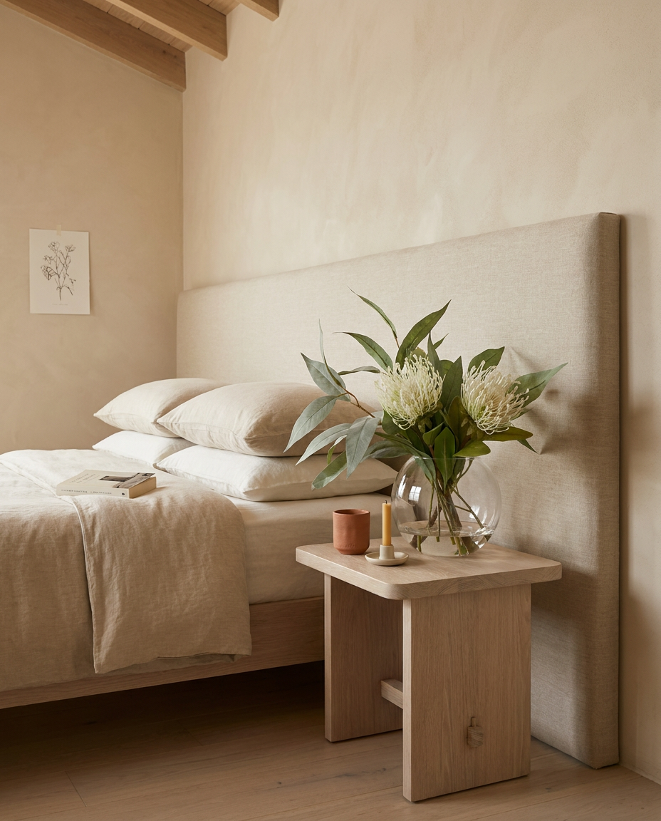Cream pincushion and eucalyptus in a Sphere glass vase on a bedside table in a Bondi beach house.