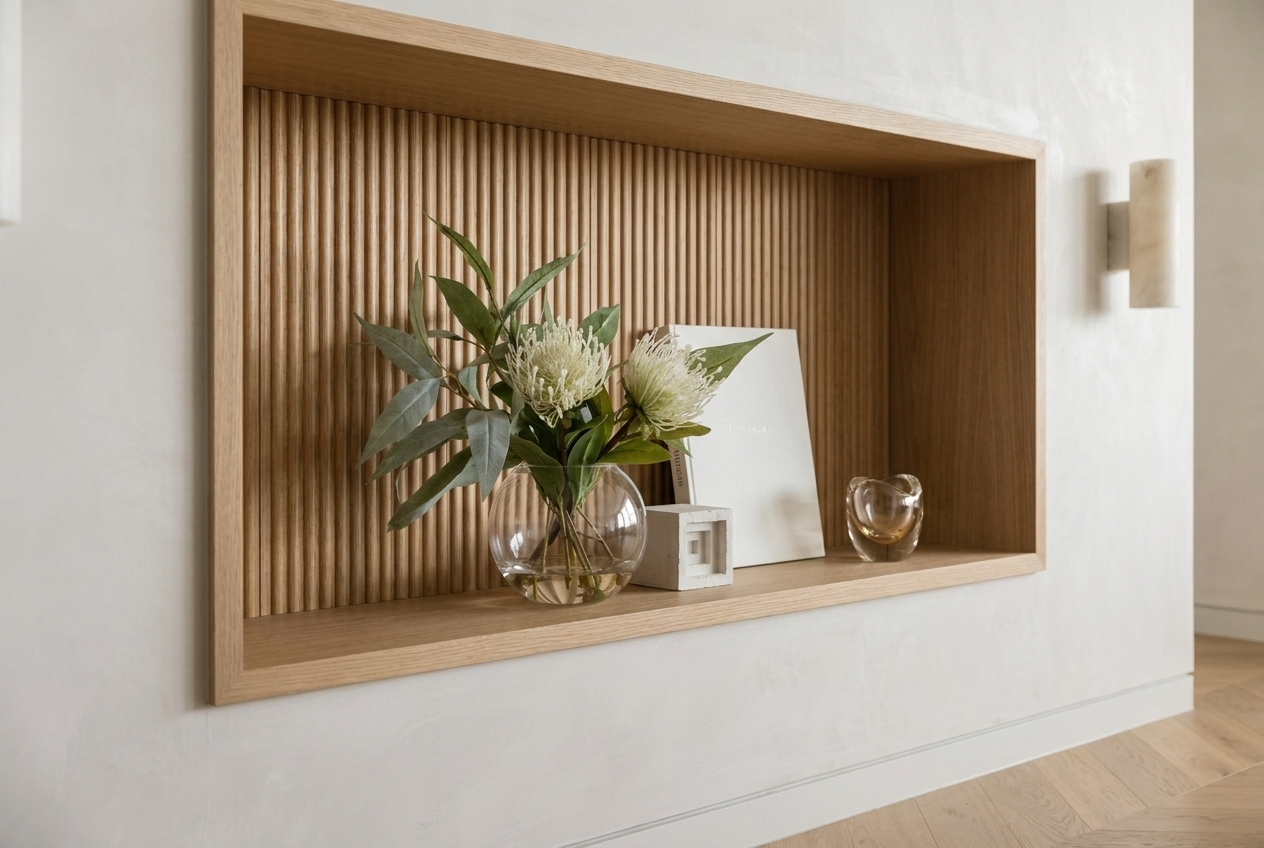 Pincushion sphere vase styled on a fluted French oak shelf in a South Yarra penthouse.