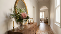King protea with native pincushion and eucalyptus in a Claire glass vase, on a Paddington terrace entry console.