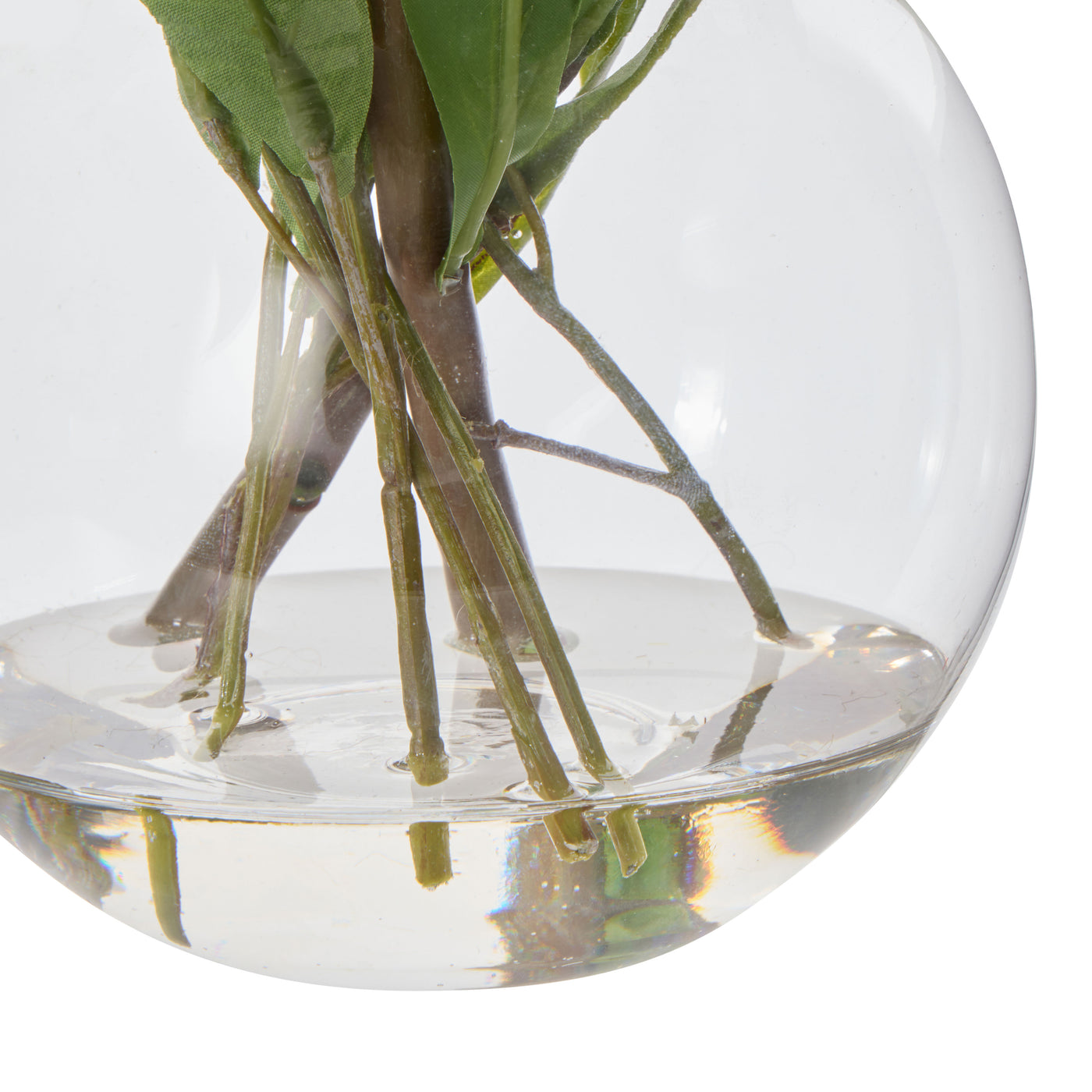 Round Sphere glass vase base detail with pincushion eucalyptus stems