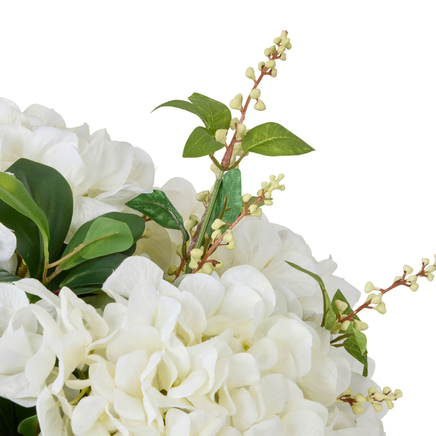 Cream nite-berry sprigs close-up with white hydrangea and green leaves