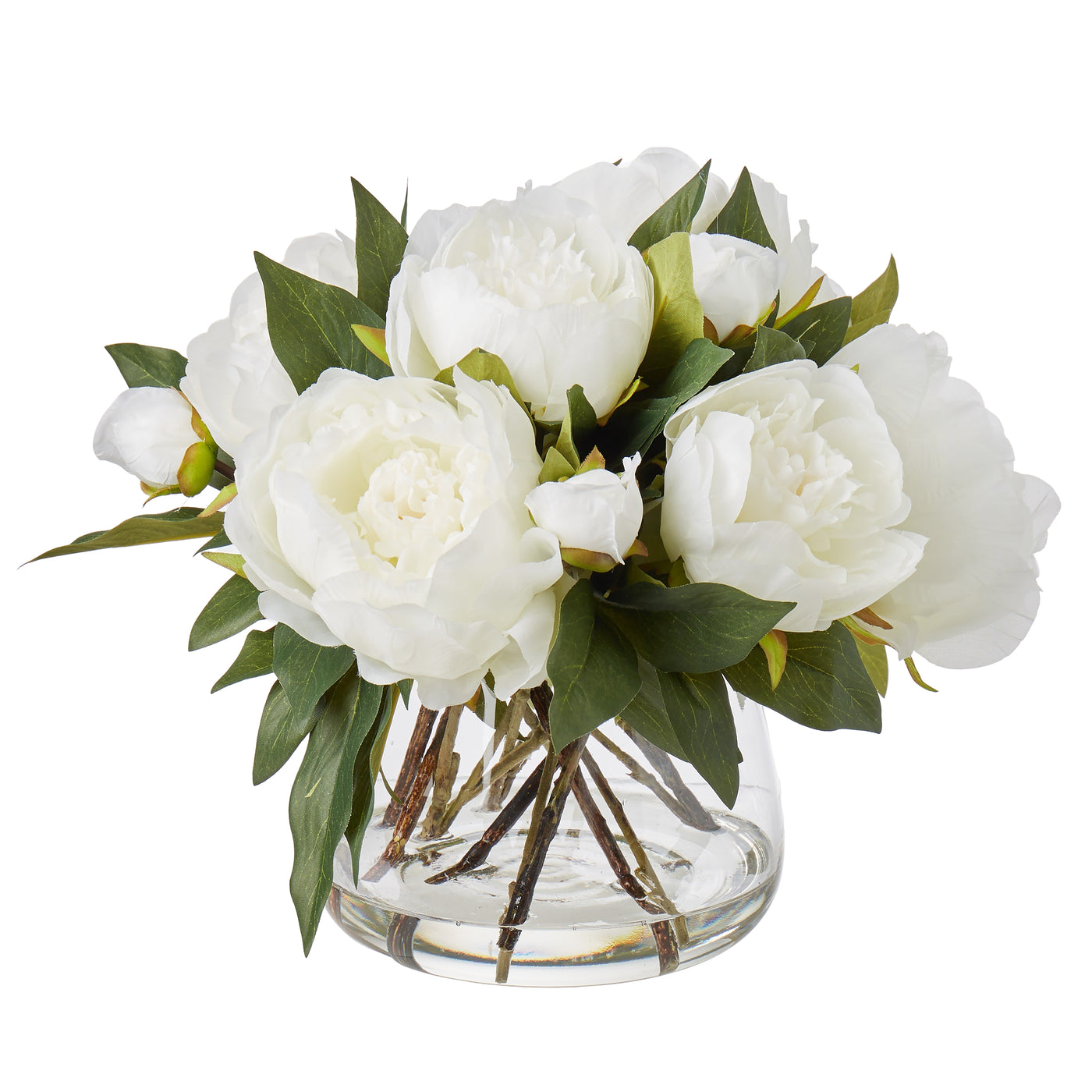 Faux white peony bouquet in wide Classic glass bowl with faux water