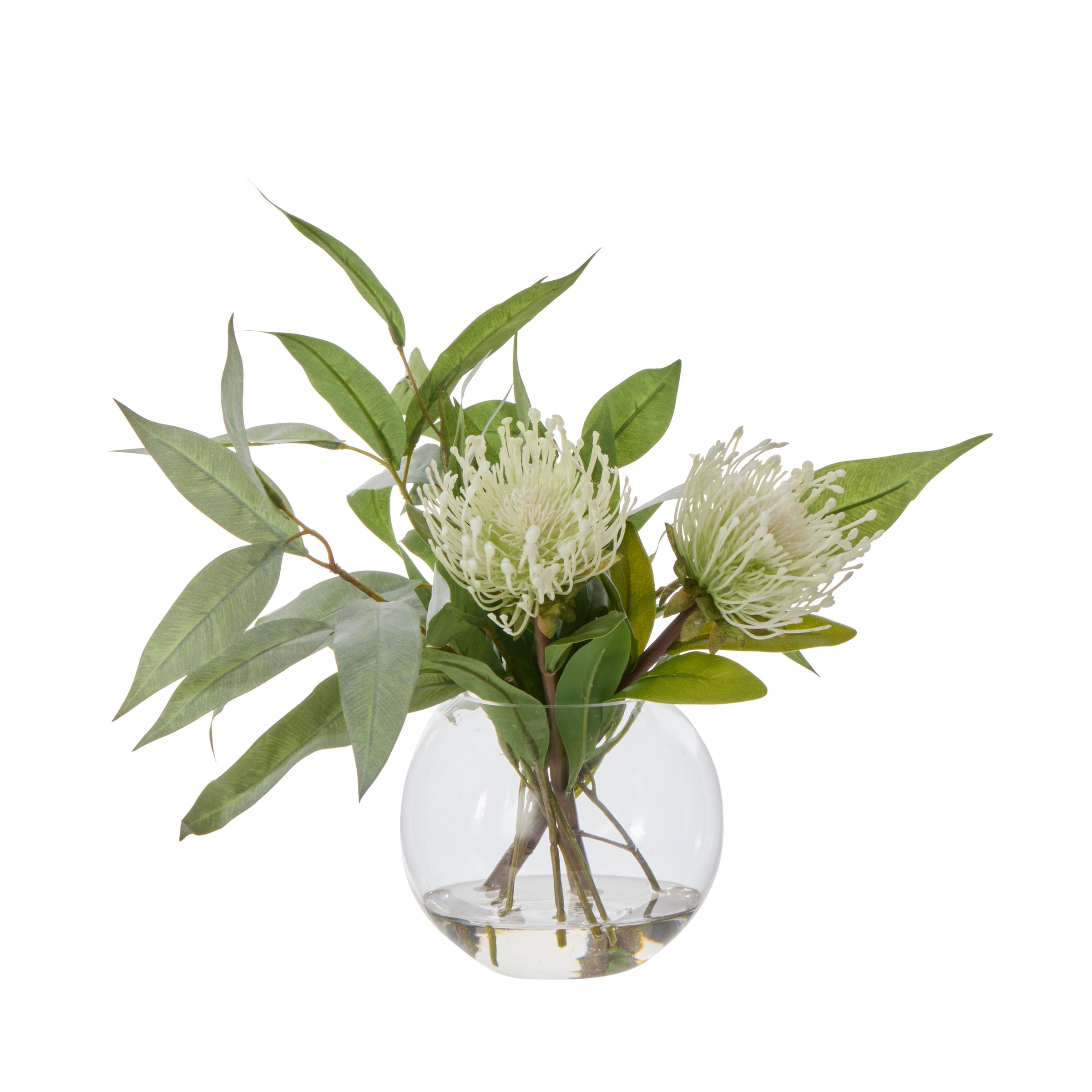Cream pincushion flowers with eucalyptus leaves in round Sphere glass vase