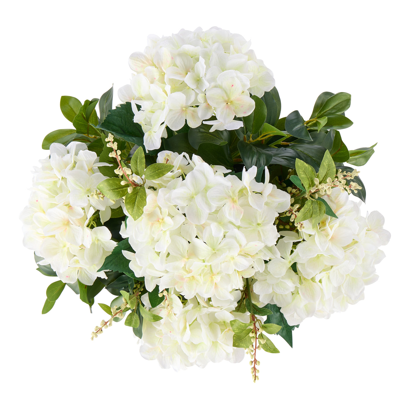White hydrangea cluster with cream berry sprigs – overhead detail