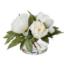 Faux cream peony bouquet in small Classic glass bowl with faux water