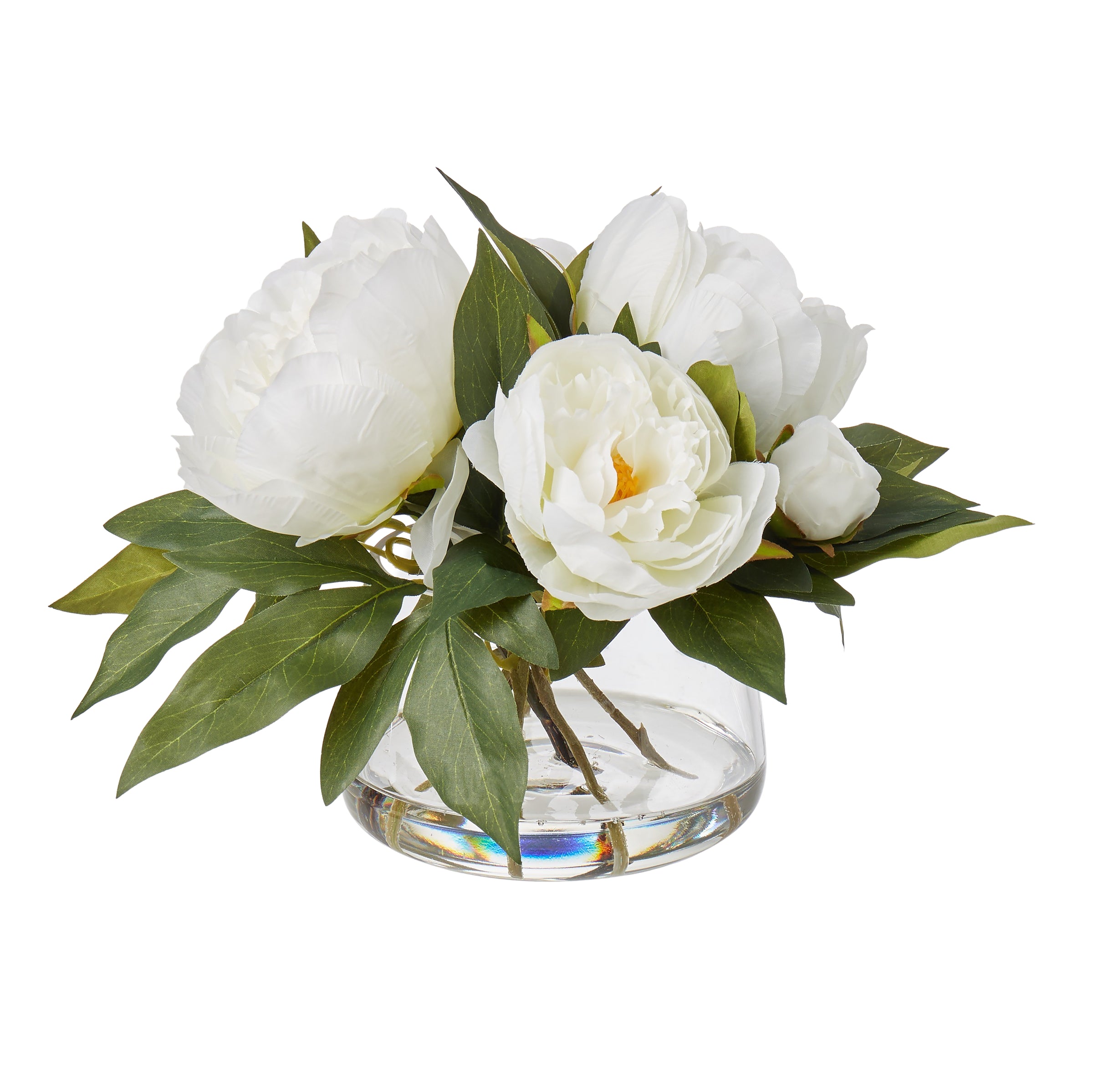 Faux cream peony bouquet in small Classic glass bowl with faux water