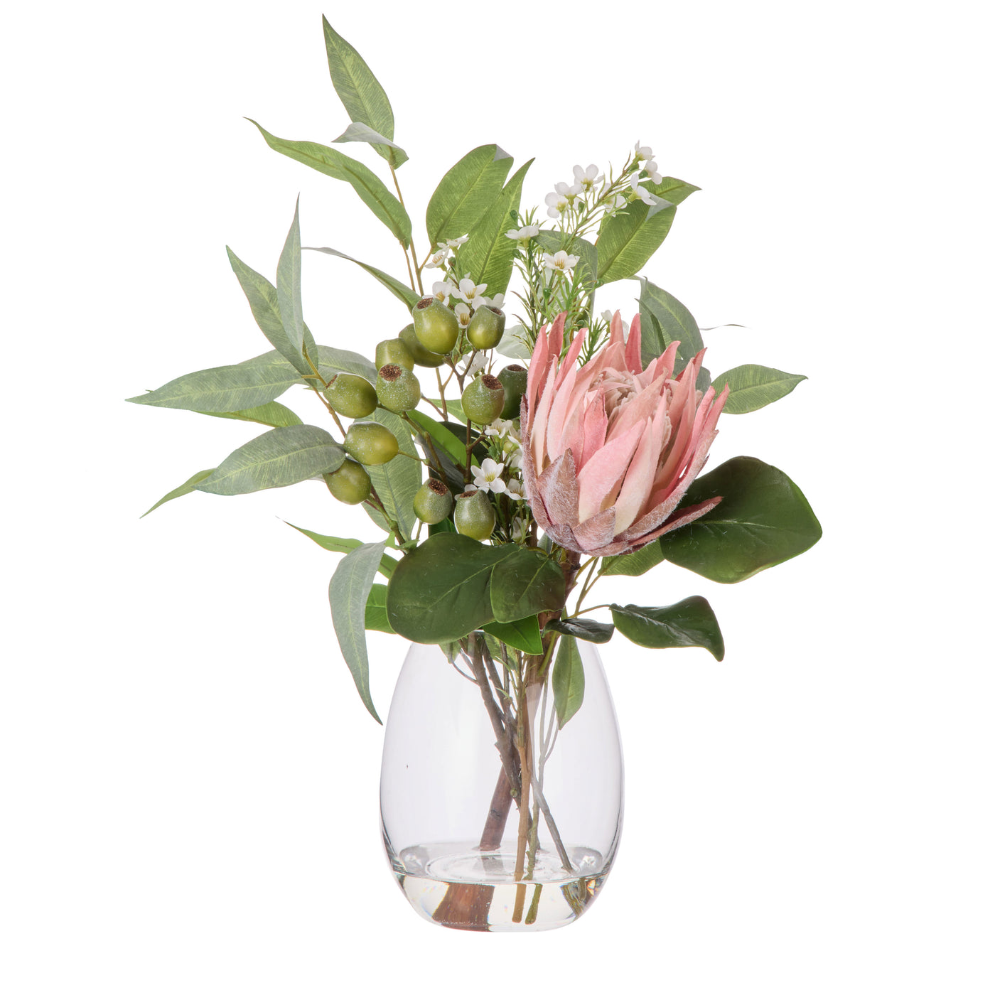 Faux king protea native mix with eucalyptus and gum nuts in clear glass Claire vase